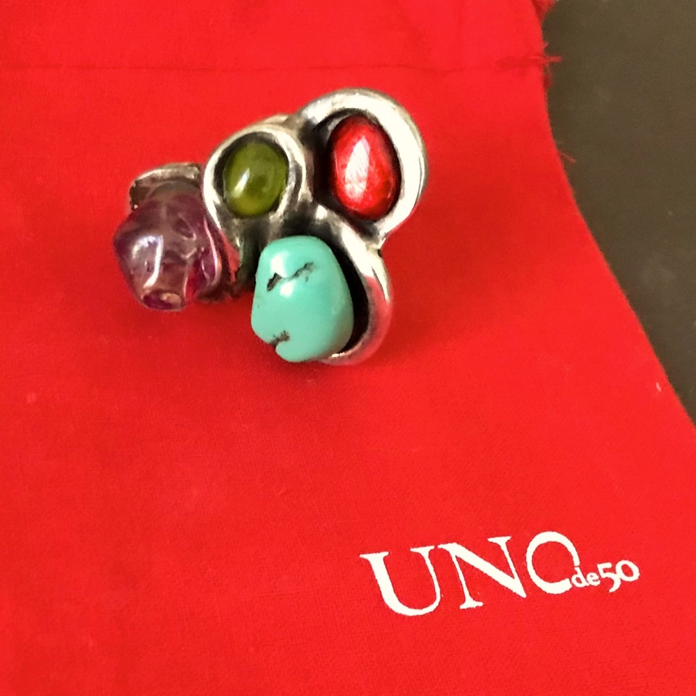 Uno de 50 Hocus Pocus 4 Multi Colored Stones Designer Ring Ladies Silver-tone